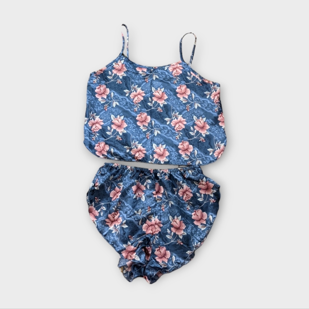 XL Vintage 1990s Jessica Intimates Blue with Pink Roses 2 Piece PJ Lounge Set